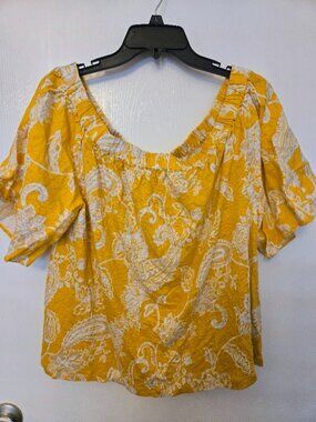 Chico's yellow floral paisley off-shoulder linen top NWOT Size 2/L